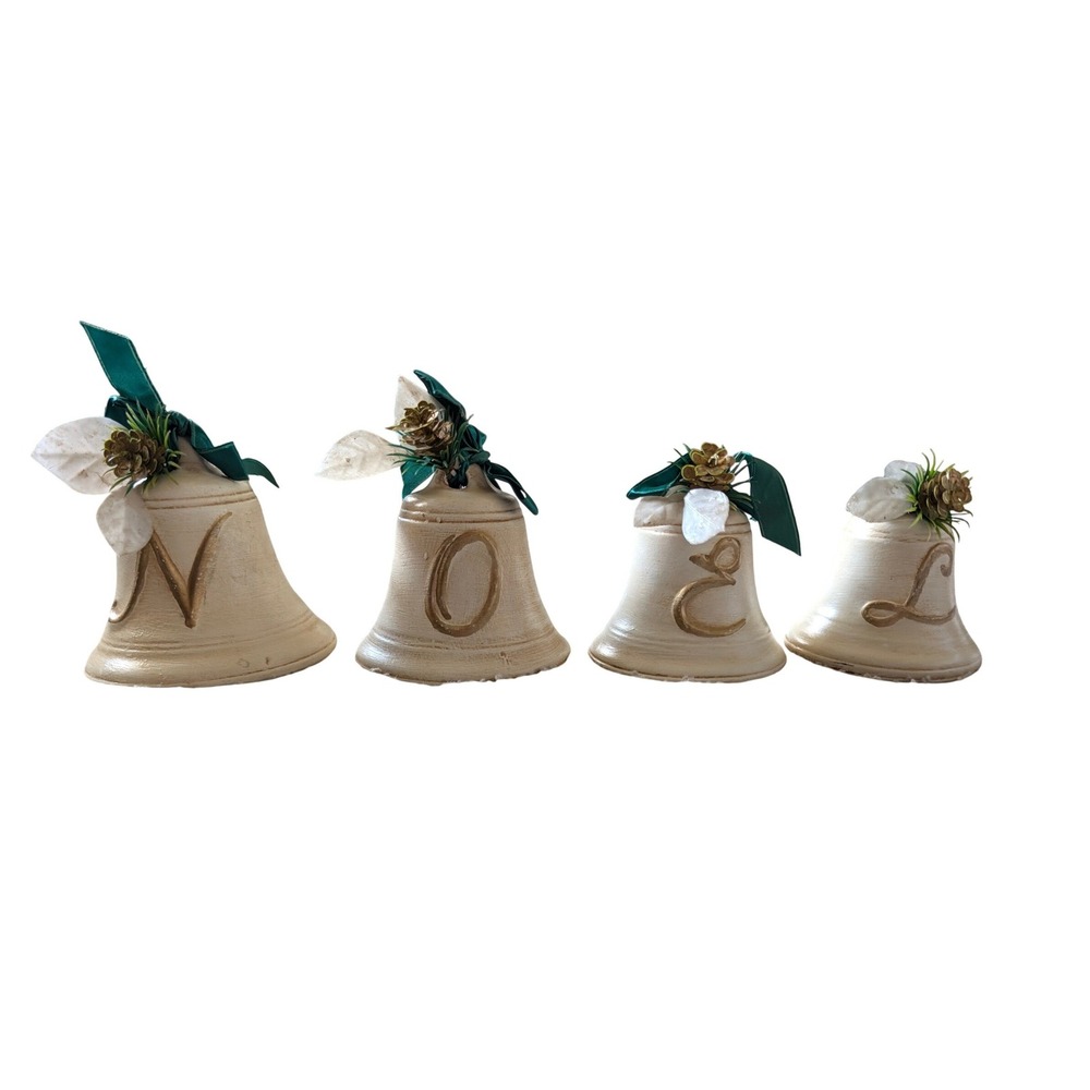 Vintage Style Ceramic Noel Christmas Bell Set Cream Gold Green Holiday Decor